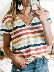 Fashion Stripe print V neck Short sleeve T-Shirts
