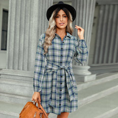 Single Breasted Fashion Plaid Tie Waist Grid Skater Long Sleeve Dresses