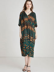 Size Curve Dresses Vintage Print Stitching Fashion Loose Midi Dress