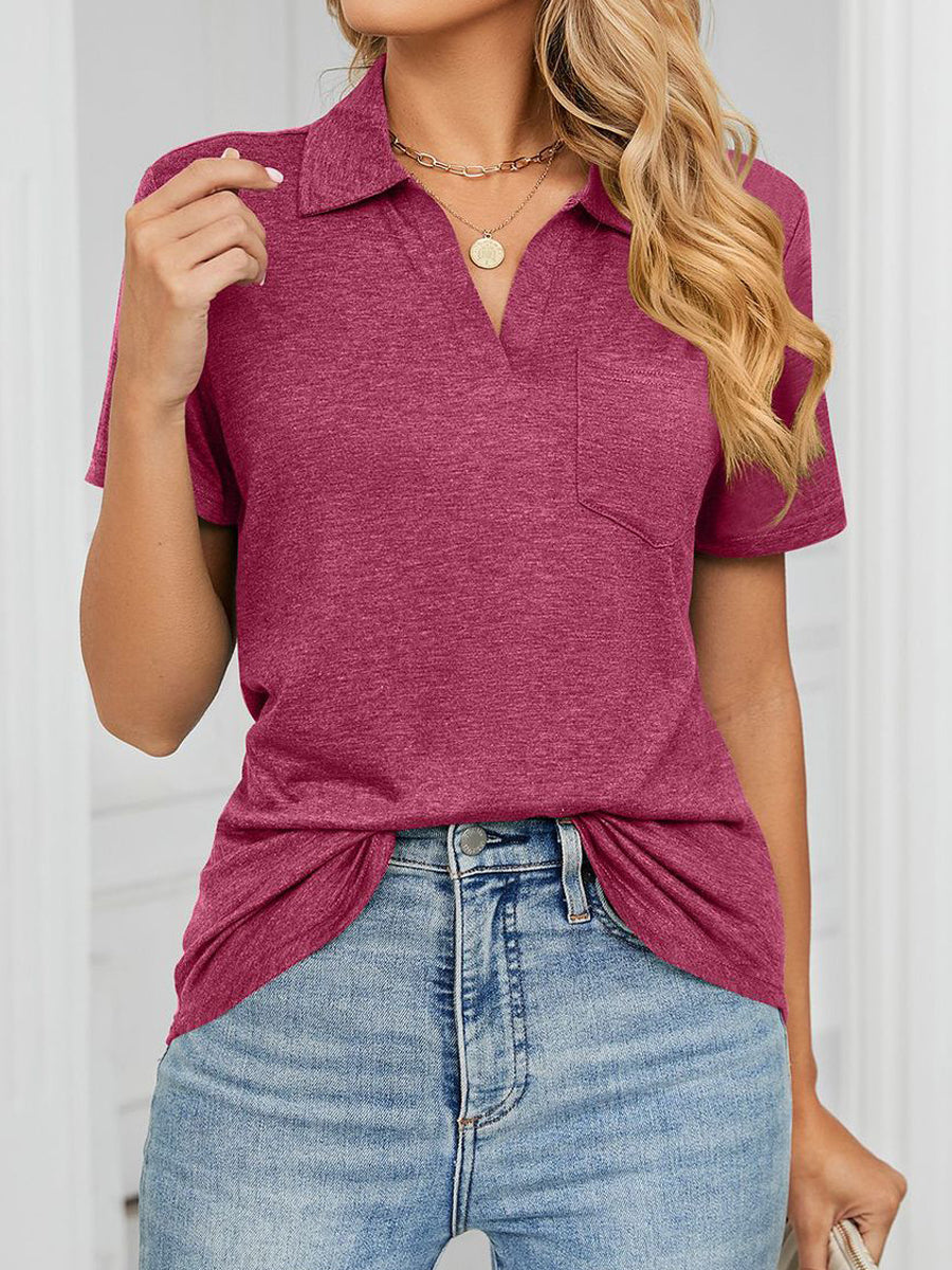 Collared Loose Casual V Neck Short Sleeve T-Shirt