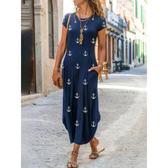 Short Sleeve Pocket Fashion Print Maxi Dress