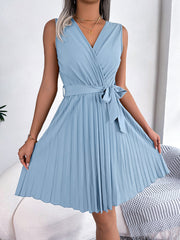 Elegant Cross V-Neck Sleeveless Pleated Waist Mini Dress