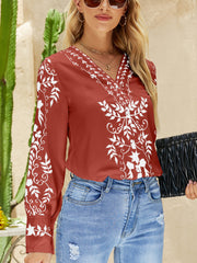 Stylish Button Print Casual Comfortable V Neck Blouse
