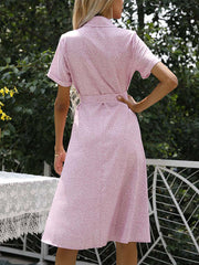 Floral Print Button Short Sleeve Midi Dress