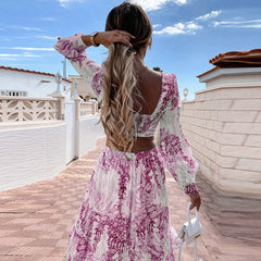 Fashion women's spring & autumn new printed V-neck long-sleeved temperament maxi dresses