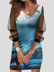 Fashion Slim Fit Mesh Sleeve V neck Bodycon Dresses