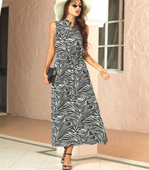 Fashion Stripe print Stand collar Sleeveless Lacing Maxi Dresses