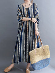 Vintage Stripe Loose Short Sleeve Maxi Dress