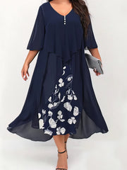 Floral Ruched Elegant Layered Formal Vacation V Neck Midi Dress