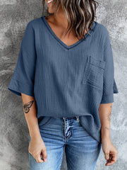 Fashion Solid Color V Neck Mid Sleeve T-Shirt