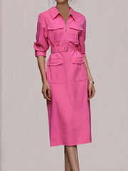 Multi-Pocket Safari Belted Collared Shirt Midi Dress
