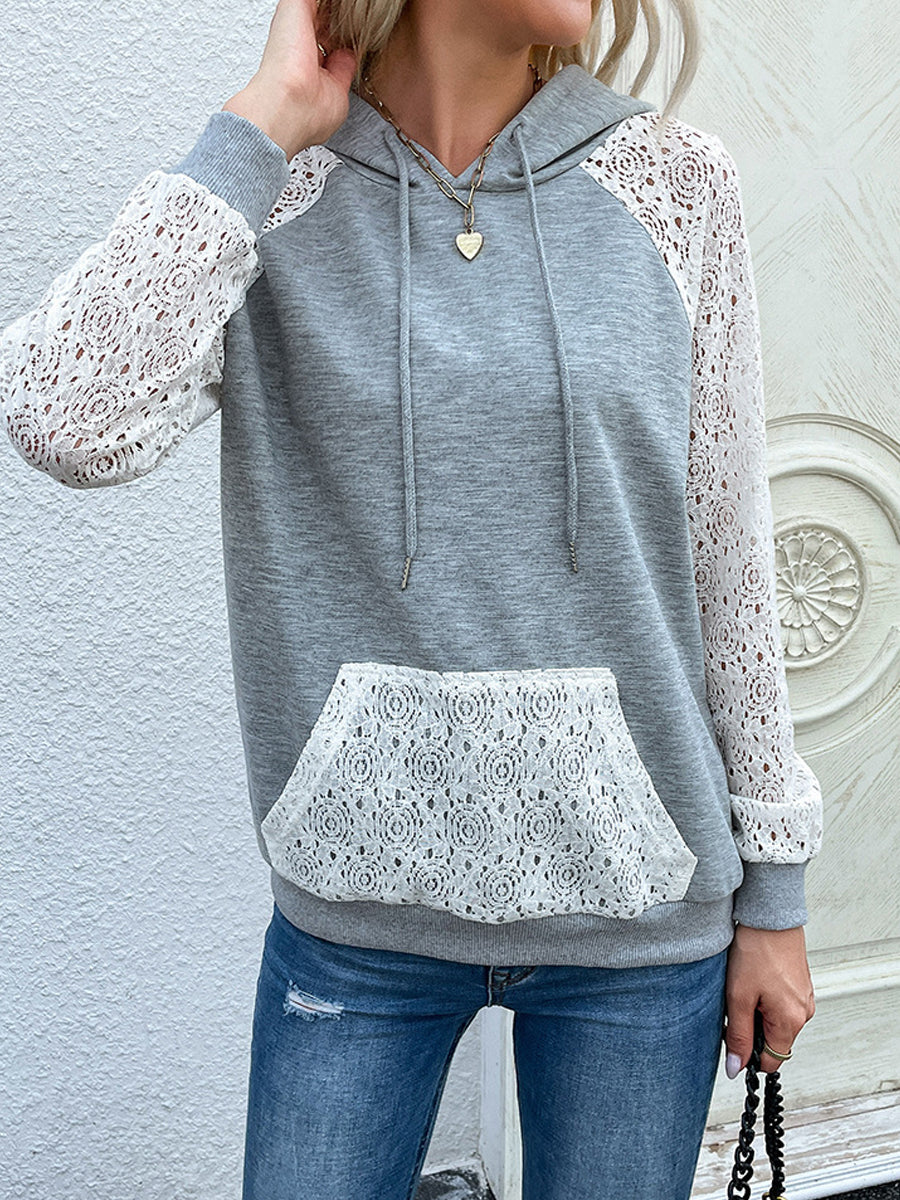 Comfortable Casual Pullover Lace Hollow Stitching Hoodie - Closed - Bishop - Shirt - V-Neck - Halter