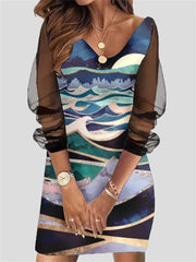 Fashion Slim Fit Mesh Sleeve V neck Bodycon Dresses