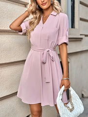 Lapel Lace Up Solid Color Mini Dress