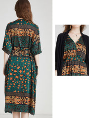 Size Curve Dresses Vintage Print Stitching Fashion Loose Midi Dress