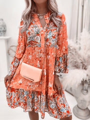 Floral Ruffle Smocked Print V Neck Casual Flare Cuff Sleeve Mini Dress