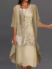 Lace Floral Embroidered Layered Patchwork Crew Neck Elegant Midi Dress