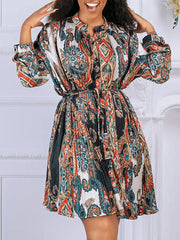 Print Fashion Lace Casual Long Sleeve Mini Dress