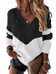 Striped Leopard Color Block Crochet Print Casual Long Sleeve Sweater