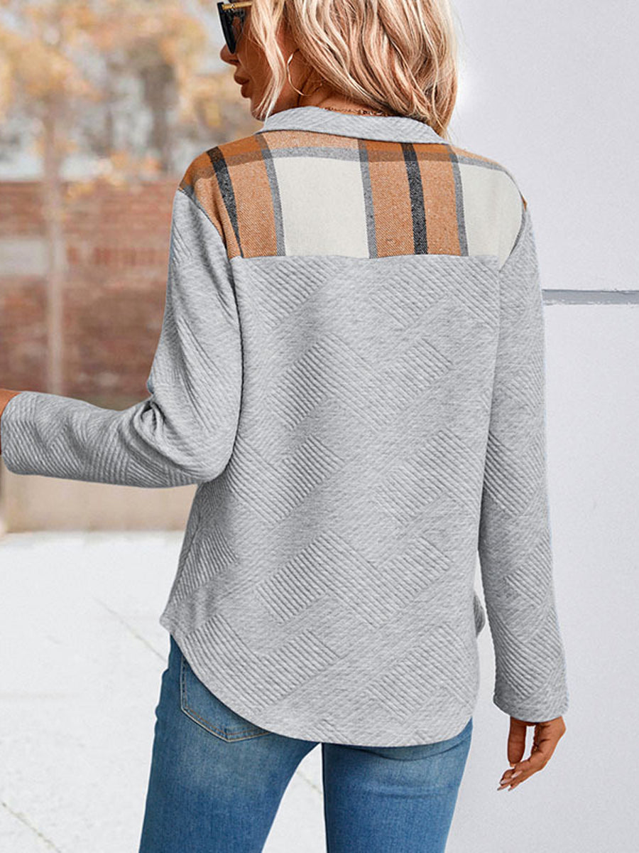 Comfortable And Casual Plaid Stitching Long Sleeved Hoodie - Closed - Raglan - Bracelet - V-Neck - Jewel
