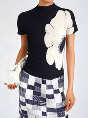 Slim Pleated Elastic Print Commuting All Match Short Sleeved T-Shirt