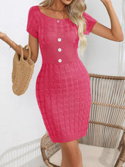 Decorative Button Round Neck Short Sleeve Sweater Mini Dress