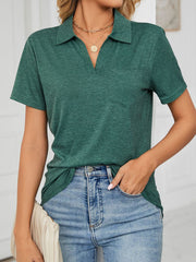 Collared Loose Casual V Neck Short Sleeve T-Shirt