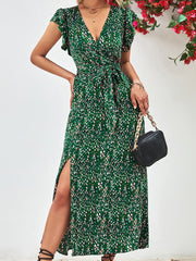 Printed Surplice Neck Flutter Sleeve Slit Midi Dress