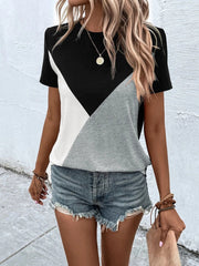 Contrast Color Stitching Loose Casual Round Neck T-Shirt