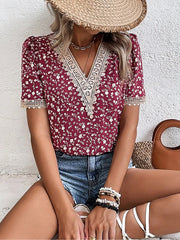 Fashion Floral Print Lace Collar Short Sleeve T-Shirt