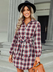Single Breasted Fashion Plaid Tie Waist Grid Skater Long Sleeve Dresses