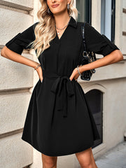 Lapel Lace Up Solid Color Mini Dress