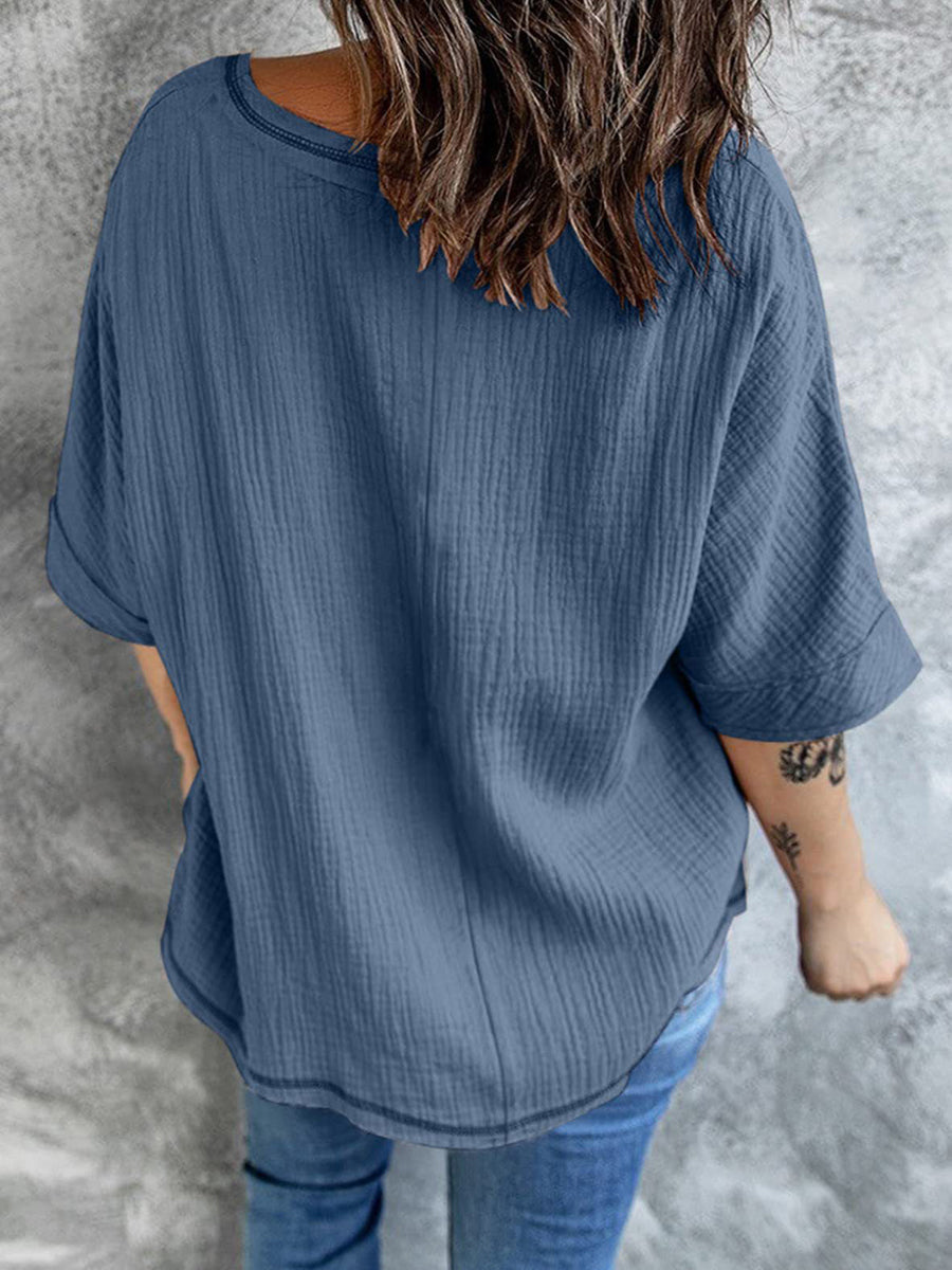 Fashion Solid Color V Neck Mid Sleeve T-Shirt