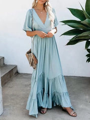 Fashion vacation bohemia Short sleeve V neck women maxi dresses