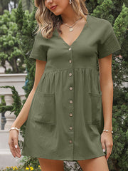 Loose Solid Color V Neck Button Mini Dress