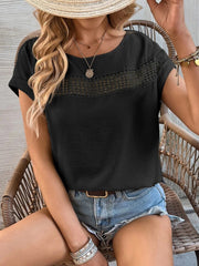 Casual Solid Color Stitching Lace Hollow Short Sleeved T-Shirt