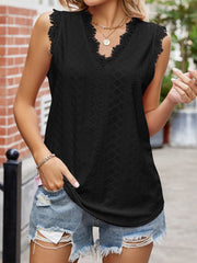 Eyelet Lace Trim Eyelash V-Neck Tank Top