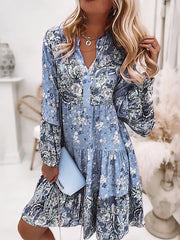 Floral Ruffle Smocked Print V Neck Casual Flare Cuff Sleeve Mini Dress