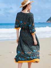 V Neck Loose Floral Button Slit Midi Dress