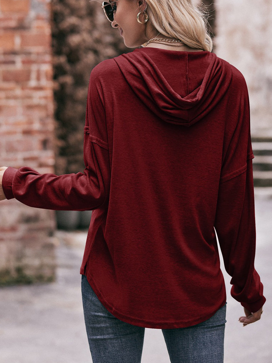 Casual Solid Color Loose Button Hoodie