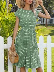 Round Neck Tie Polka Dot Pleated Short Sleeve Midi Dress
