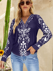 Stylish Button Print Casual Comfortable V Neck Blouse