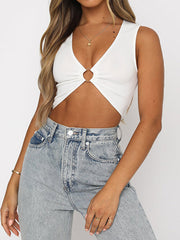 Sexy Crop Workout Plunge Ring Cleavage Cropped Deep V Neck Tank Top - Scoop - Bare