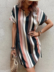 Striped Print V Neck Short Sleeve Mini Dress