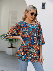 Oblique Shoulder Print Bands Bandage Loose T-Shirt