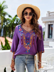 Fashion Embroidered Flowers V-neck Versatile Blouse
