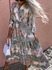 Fashion Print V Neck Long Sleeve Midi Dress