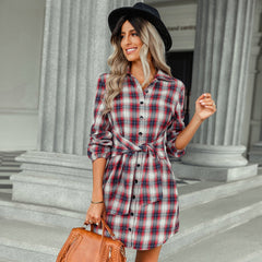 Single Breasted Fashion Plaid Tie Waist Grid Skater Long Sleeve Dresses