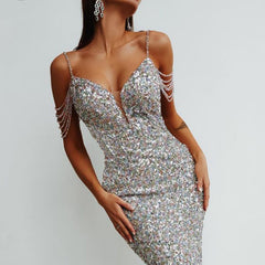 Sling V-neck Colorful Sequin Dress Fashion Hot Girls Wear