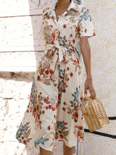 Printed Lace Up Lapel Waist Short Sleeved Midi Dress